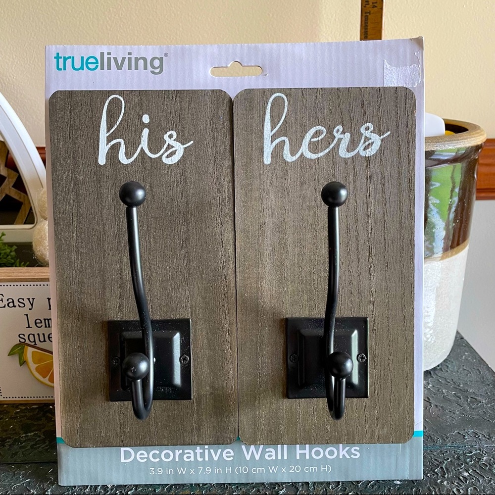 Wooden His & Hers metal wall hooks